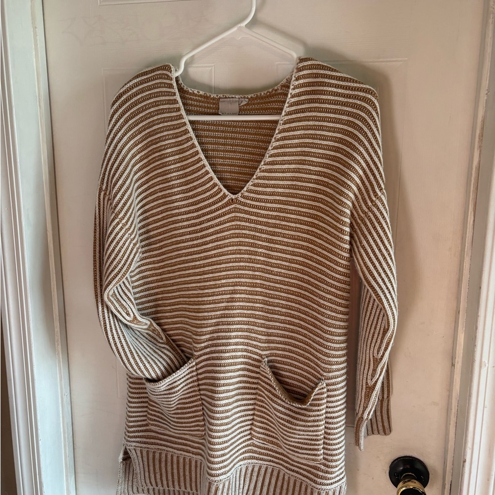 Tan and Cream V-Neck Oversized Sweater